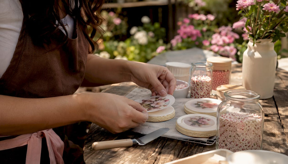Baker applying edible images on cookies