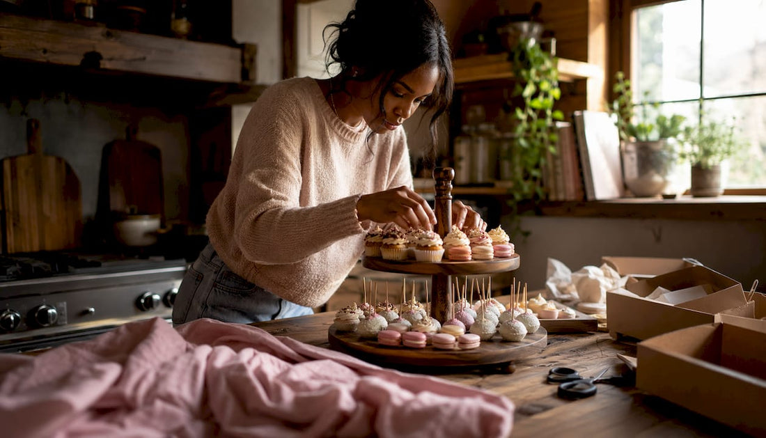 Event planner arranging desserts on table