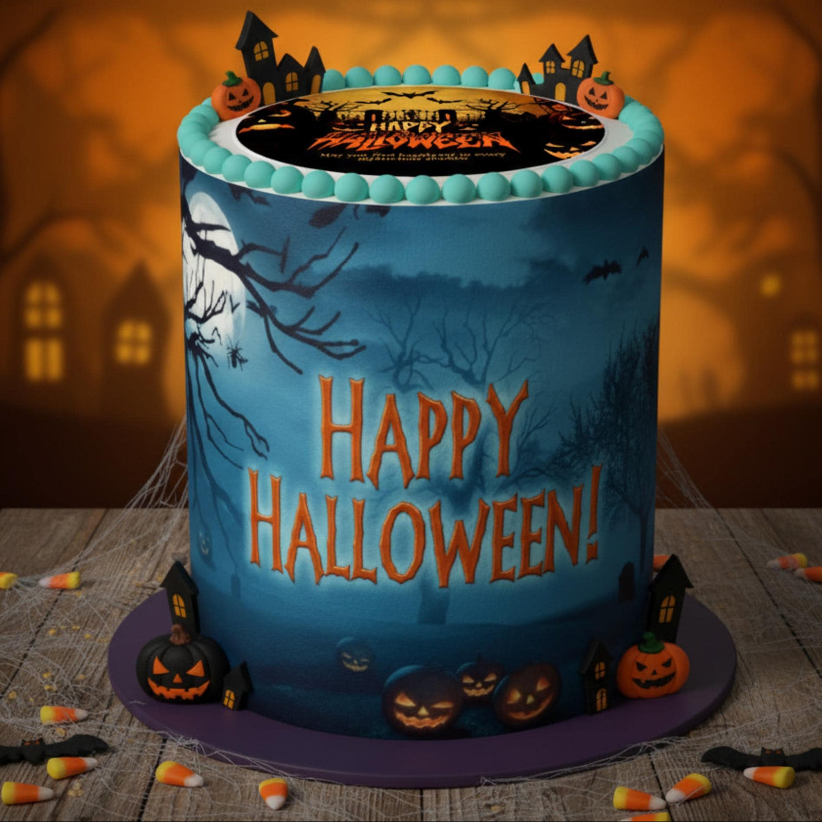 Blue Halloween cake wrap with icing sheet or wafer paper print, 8.5 x 11 inches, designed by SugarPrints by Alexis for festive cake decoration.