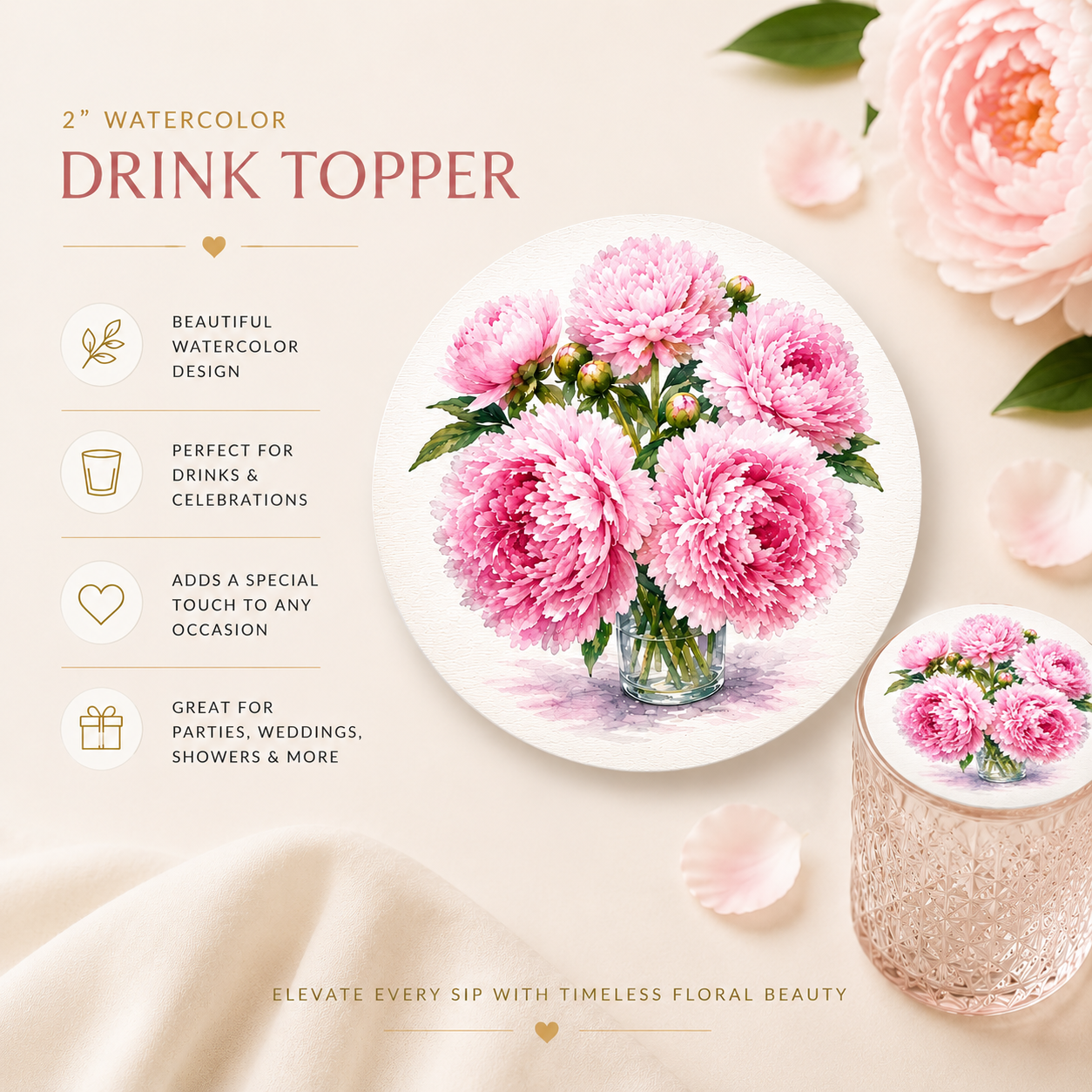 Peony Wildflower Edible Drink Toppers – Wafer Paper & Icing Sheet Decor for Wedding Drinks