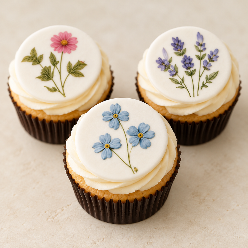 Set of 12 pressed wildflower cupcake toppers made of wafer paper from SugarPrints by Alexis, decorated with colorful wildflower designs.