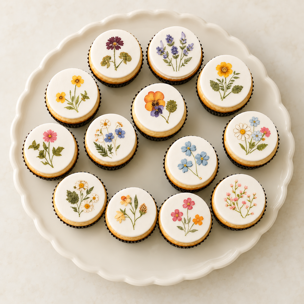 Set of 12 pressed wildflower cupcake toppers by SugarPrints, made from wafer paper or icing for decorative baked goods.