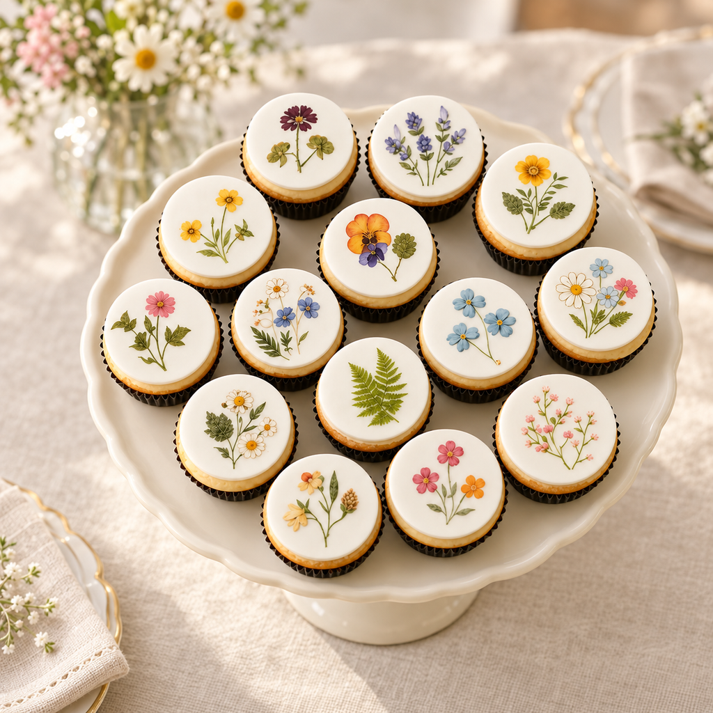 Set of 12 pressed wildflower cupcake toppers by SugarPrints, featuring delicate flower designs for decorative baked goods.