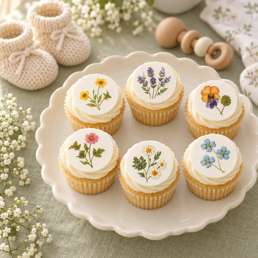Set of 12 pressed wildflower cupcake toppers for baby shower by SugarPrints, featuring colorful floral designs.