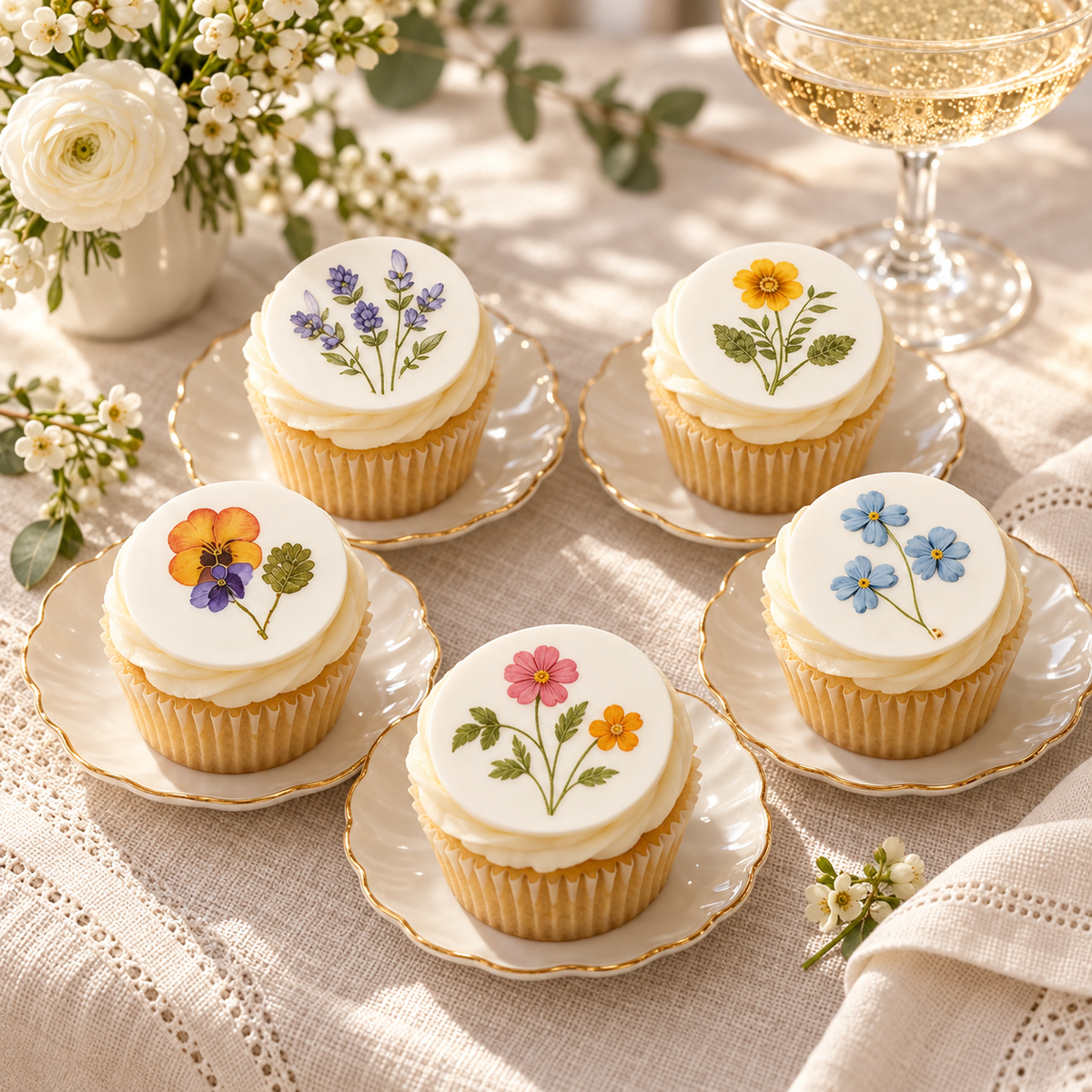 Set of 12 pressed wildflower cupcake toppers by SugarPrints, perfect for garden party desserts.