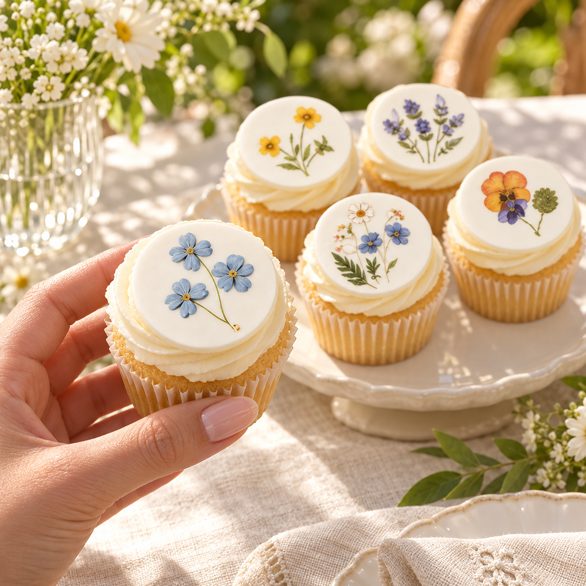 Set of 12 pressed wildflower cupcake toppers by SugarPrints for tea party desserts, featuring delicate floral designs.