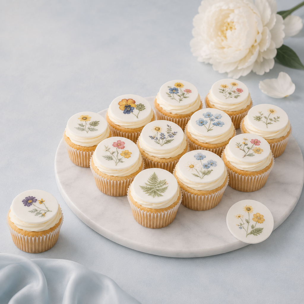 Bridal Shower Cupcake Toppers Edible Pressed Wildflower, Decorations, Set of 12