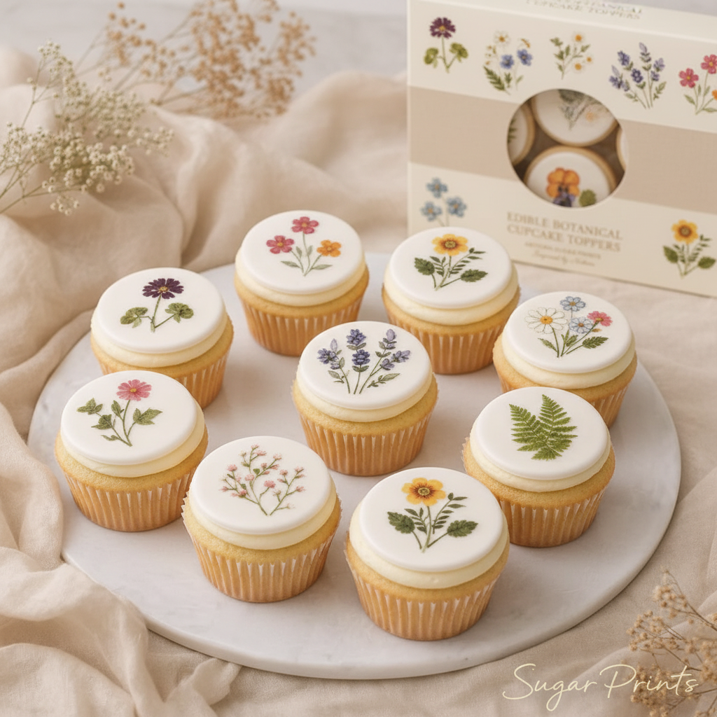 Botanical Edible Toppers on Cupcakes