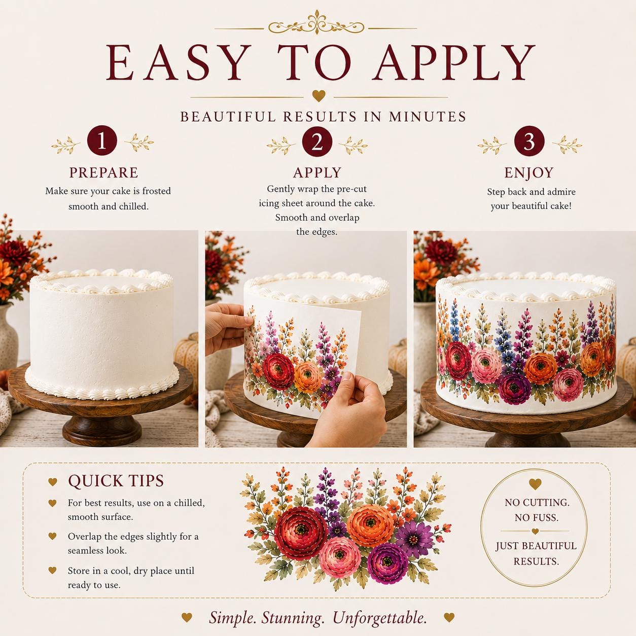 Fall floral edible cake wrap from SugarPrints by Alexis, featuring pre-cut icing sheets with vibrant autumn floral design.