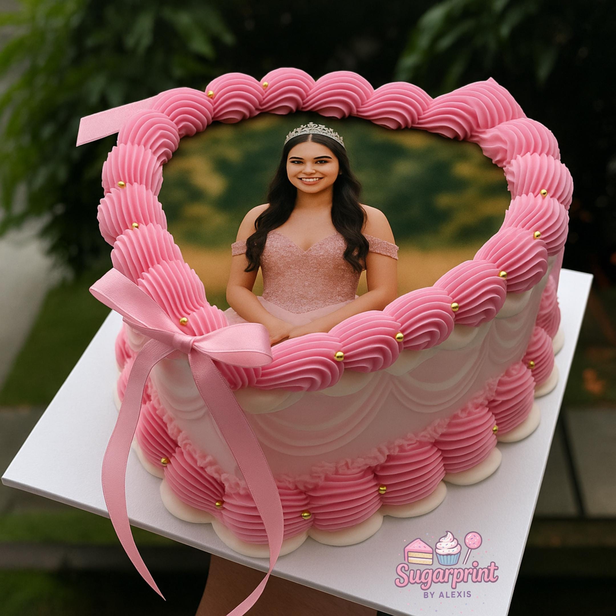 Custom heart photo edible cake topper printed on frosting sheet, ready to place on cake