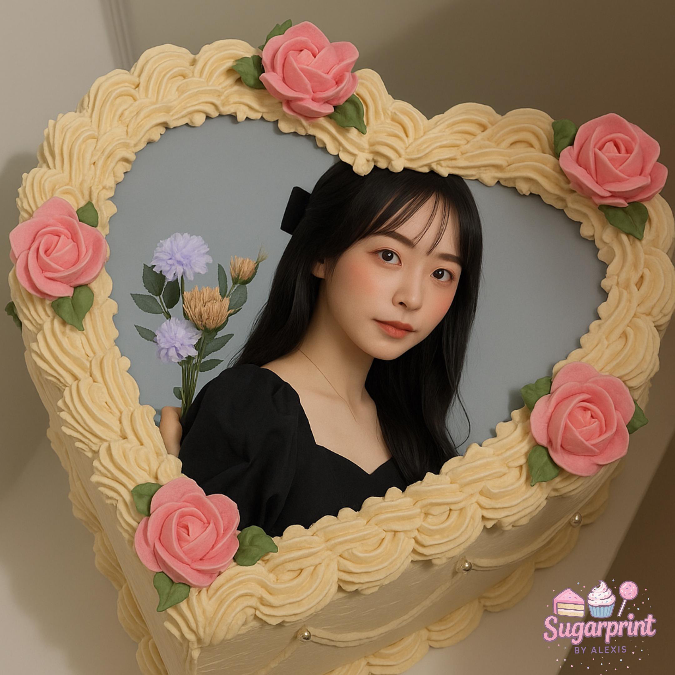 Custom heart photo edible cake topper printed on frosting sheet, ready to place on cake