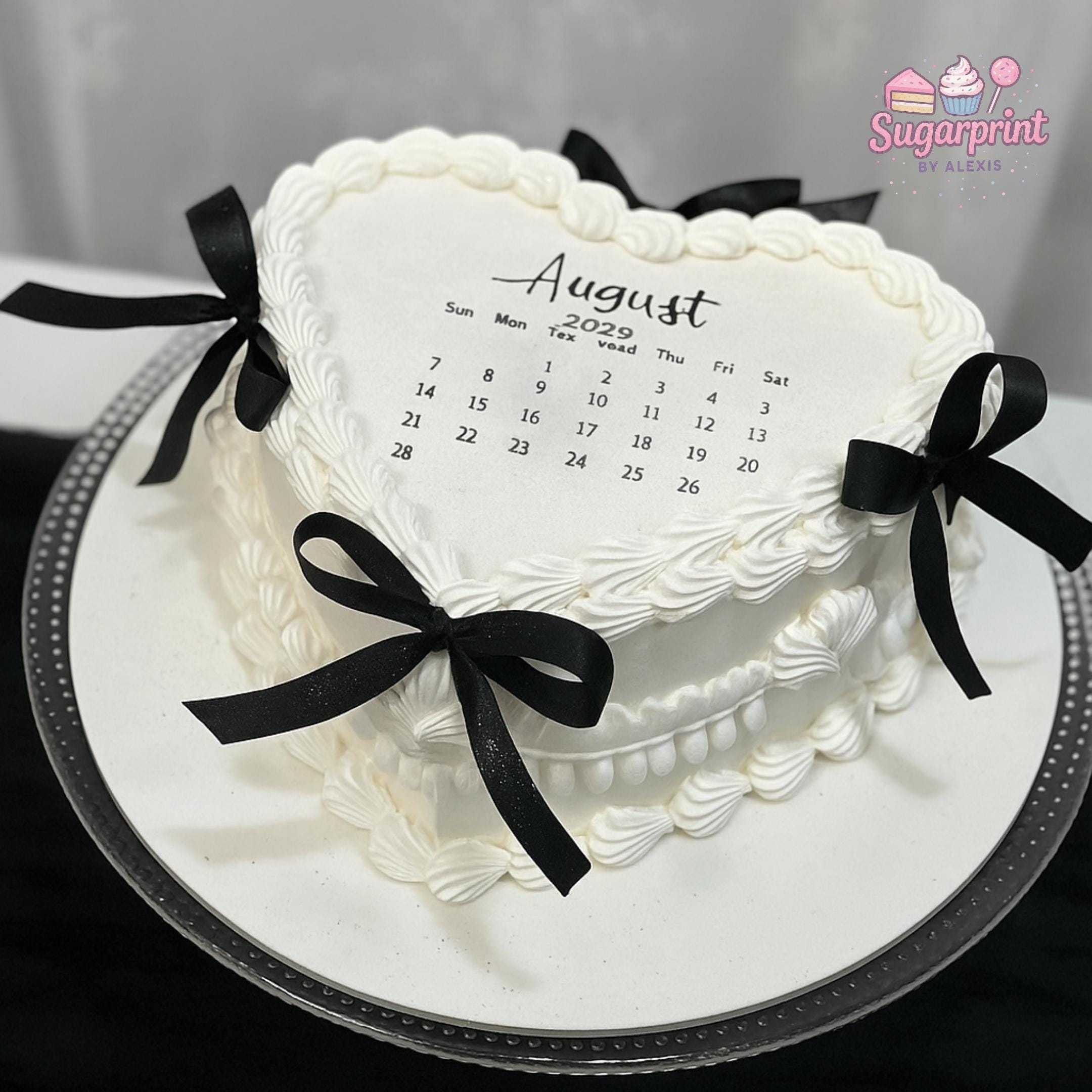 Custom heart calendar edible cake topper with highlighted date, wafer paper or frosting sheet for burn away reveal