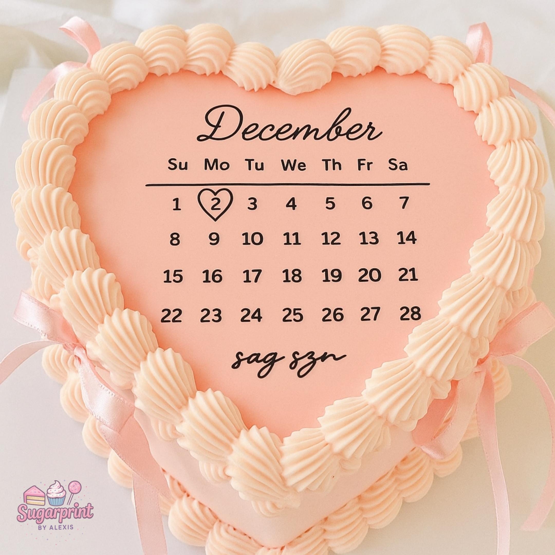 Custom heart calendar edible cake topper with highlighted date, wafer paper or frosting sheet for burn away reveal