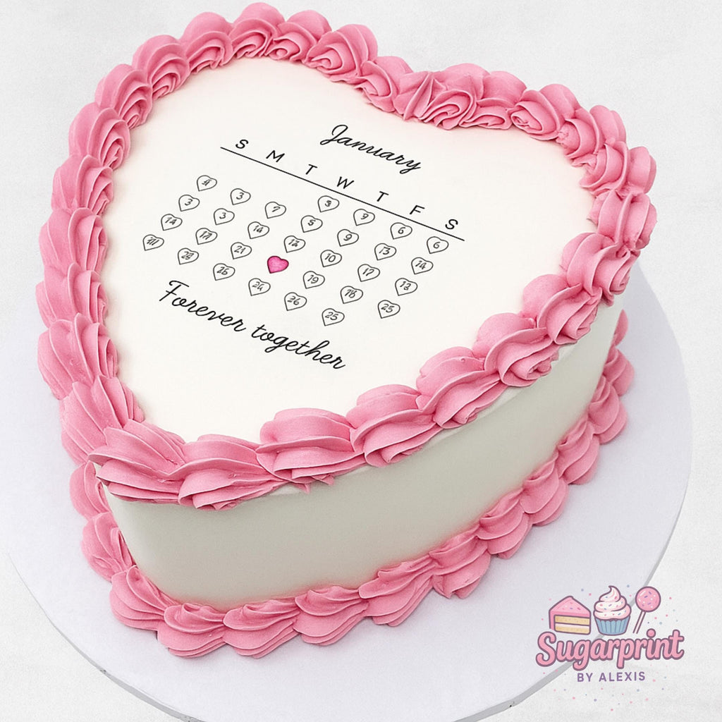 Custom heart calendar edible cake topper with highlighted date, wafer paper or frosting sheet for burn away reveal
