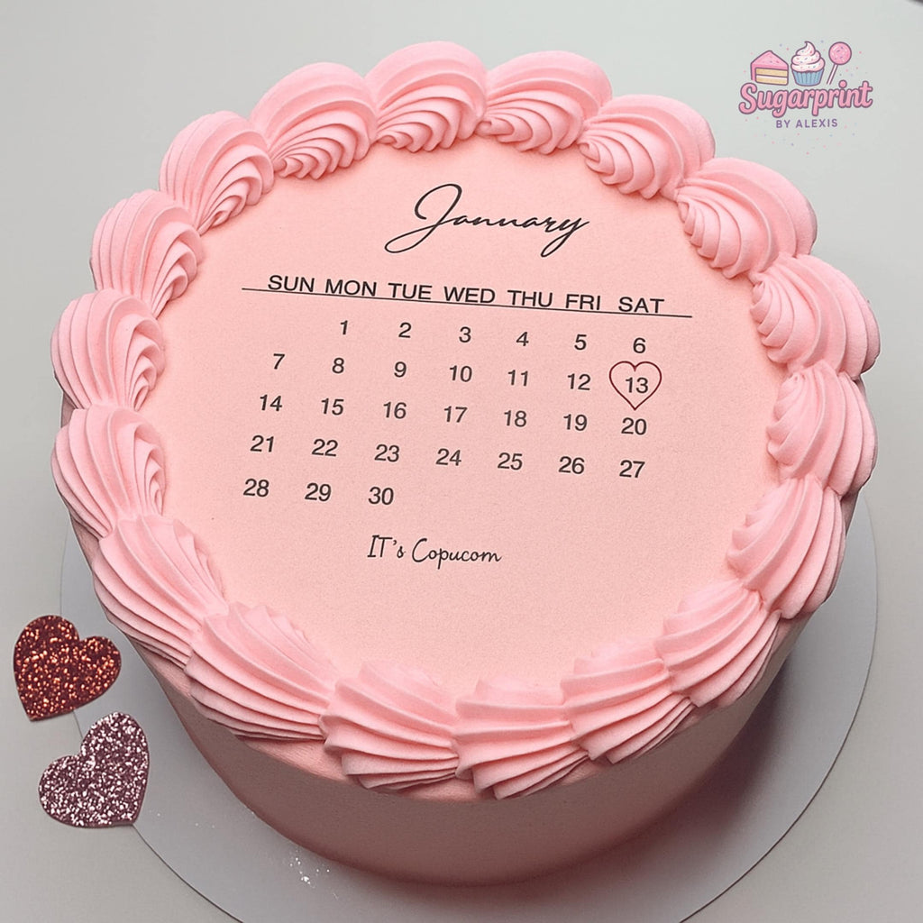 Custom edible calendar cake topper with highlighted date, round wafer paper or frosting sheet