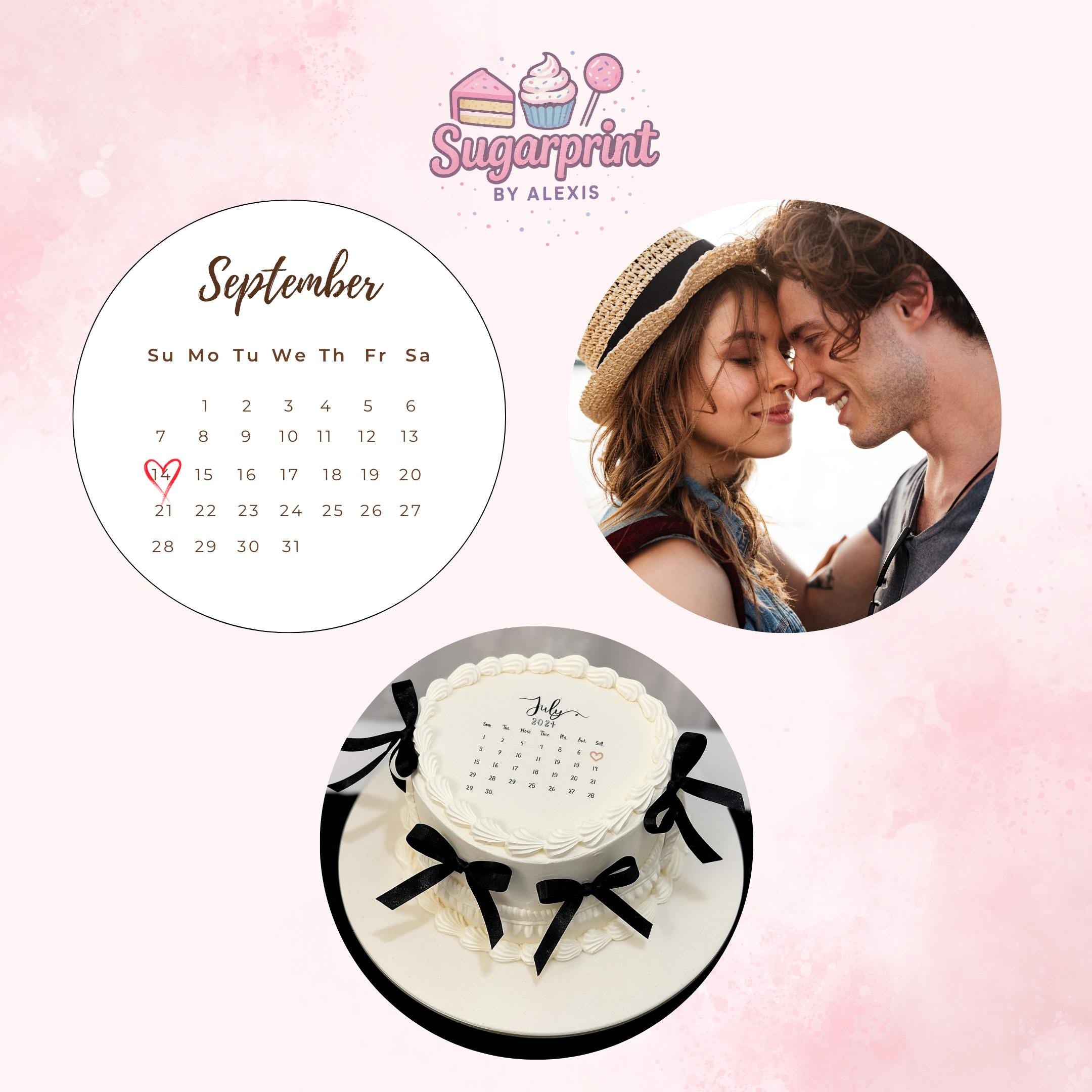 Custom edible calendar cake topper with highlighted date, round wafer paper or frosting sheet