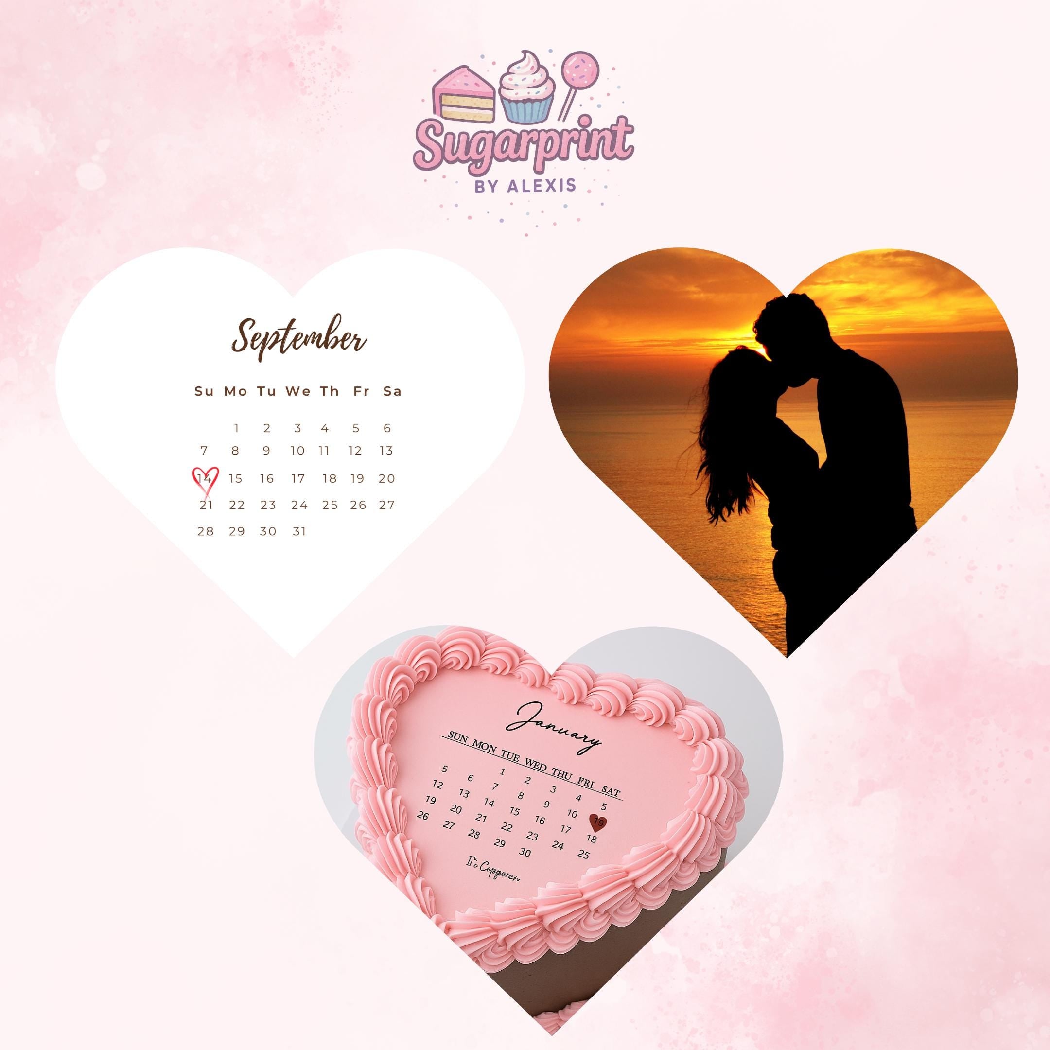 Custom heart calendar edible cake topper with highlighted date, wafer paper or frosting sheet for burn away reveal