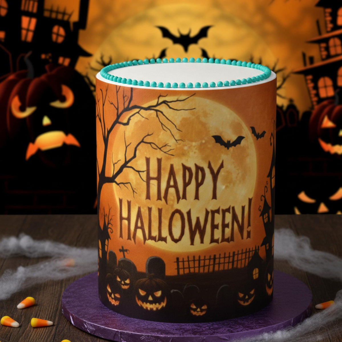Blue Halloween cake wrap with wafer paper print, 8.5 x 11 inches, designed by SugarPrints by Alexis for festive cake decoration.