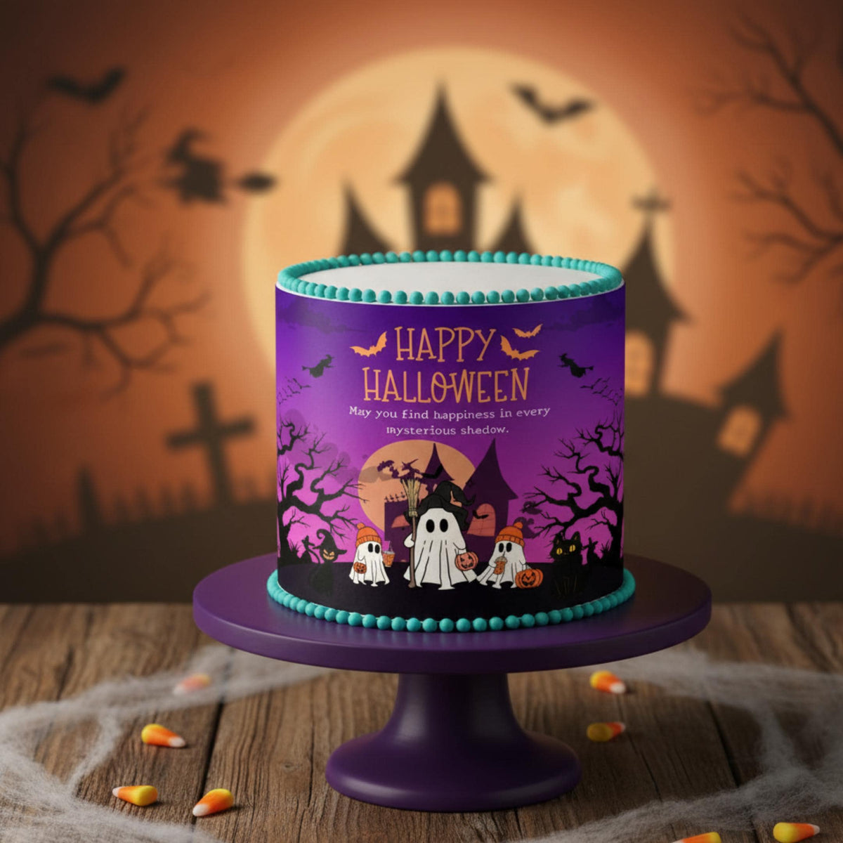 Blue Halloween cake wrap made of wafer paper with spooky print, measuring 8.5 x 11 inches by SugarPrints by Alexis.