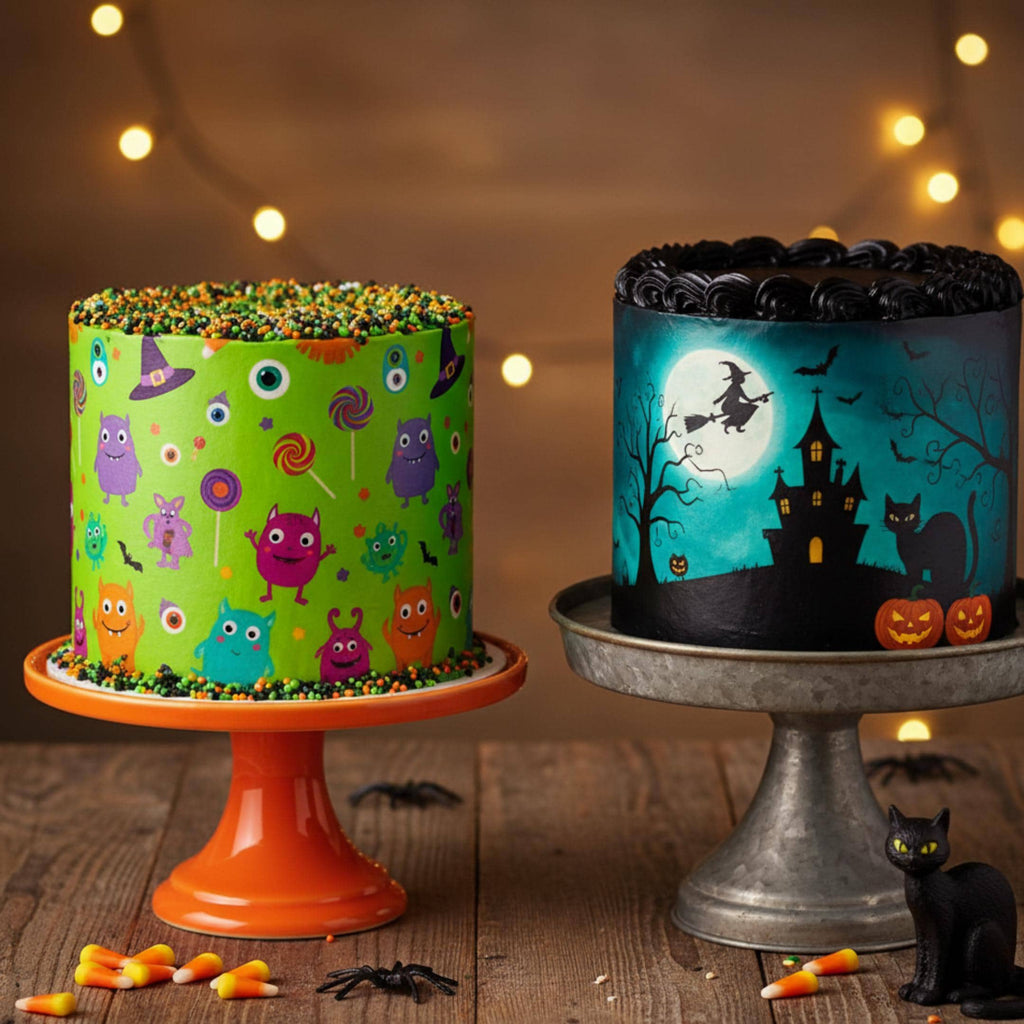 Blue Halloween cake wrap made of wafer paper, 8.5 x 11 inches, by SugarPrints by Alexis, featuring festive Halloween print.