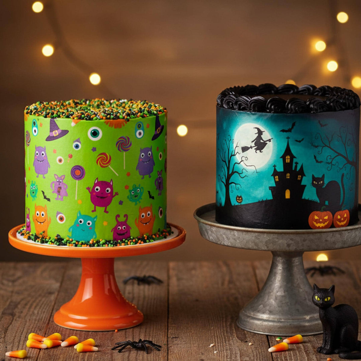 Blue Halloween cake wrap made of wafer paper, 8.5 x 11 inches, by SugarPrints by Alexis, featuring festive Halloween print.
