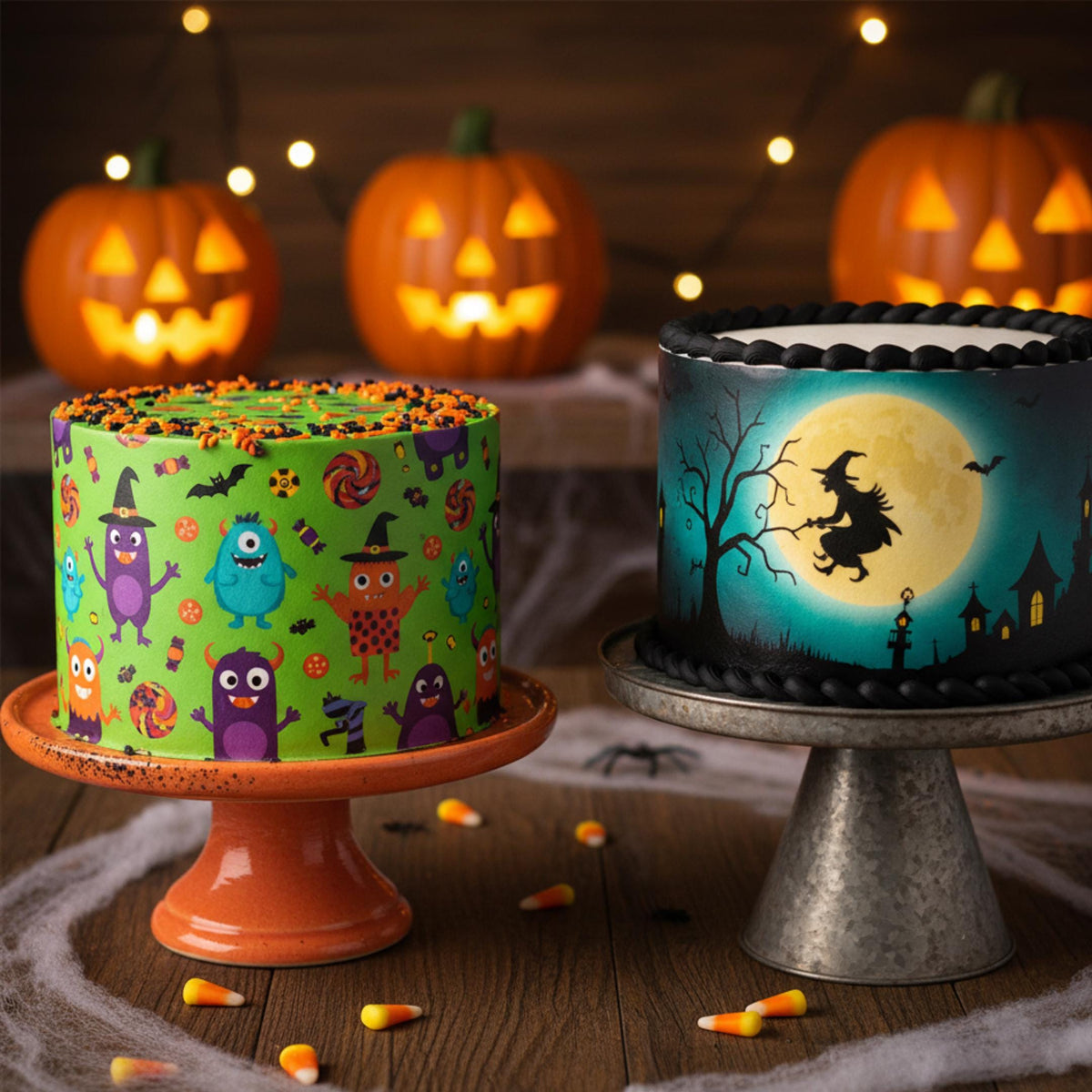 Blue Halloween cake wrap by SugarPrints featuring wafer paper print, measuring 8.5 x 11 inches, designed to decorate cakes.