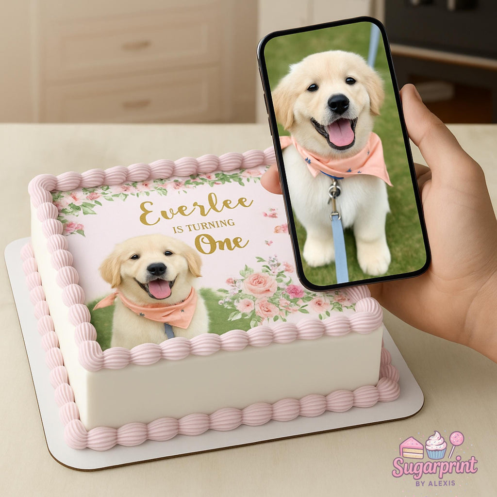 Custom photo edible cake topper printed on frosting sheet, round or square