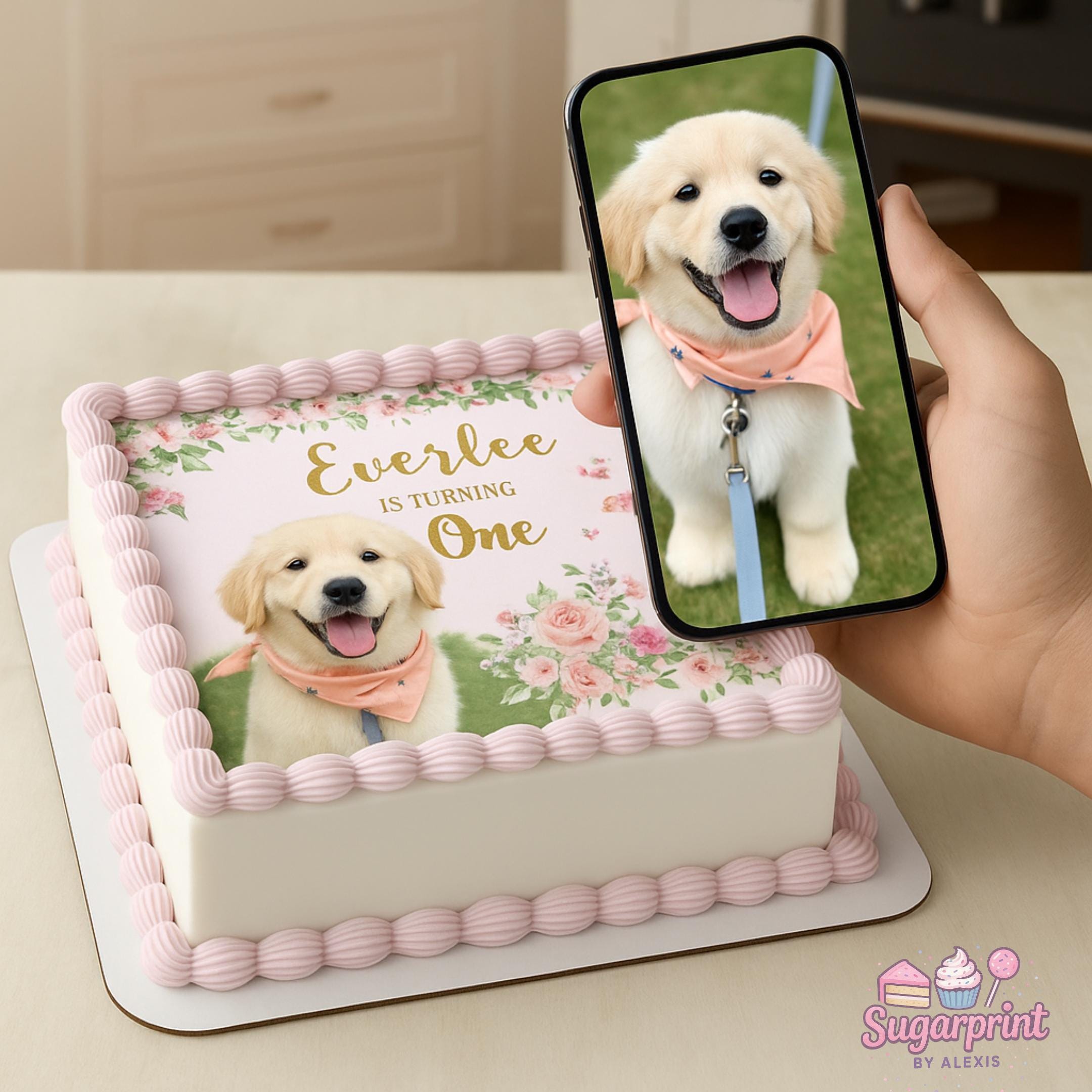 Custom photo edible cake topper printed on frosting sheet, round or square