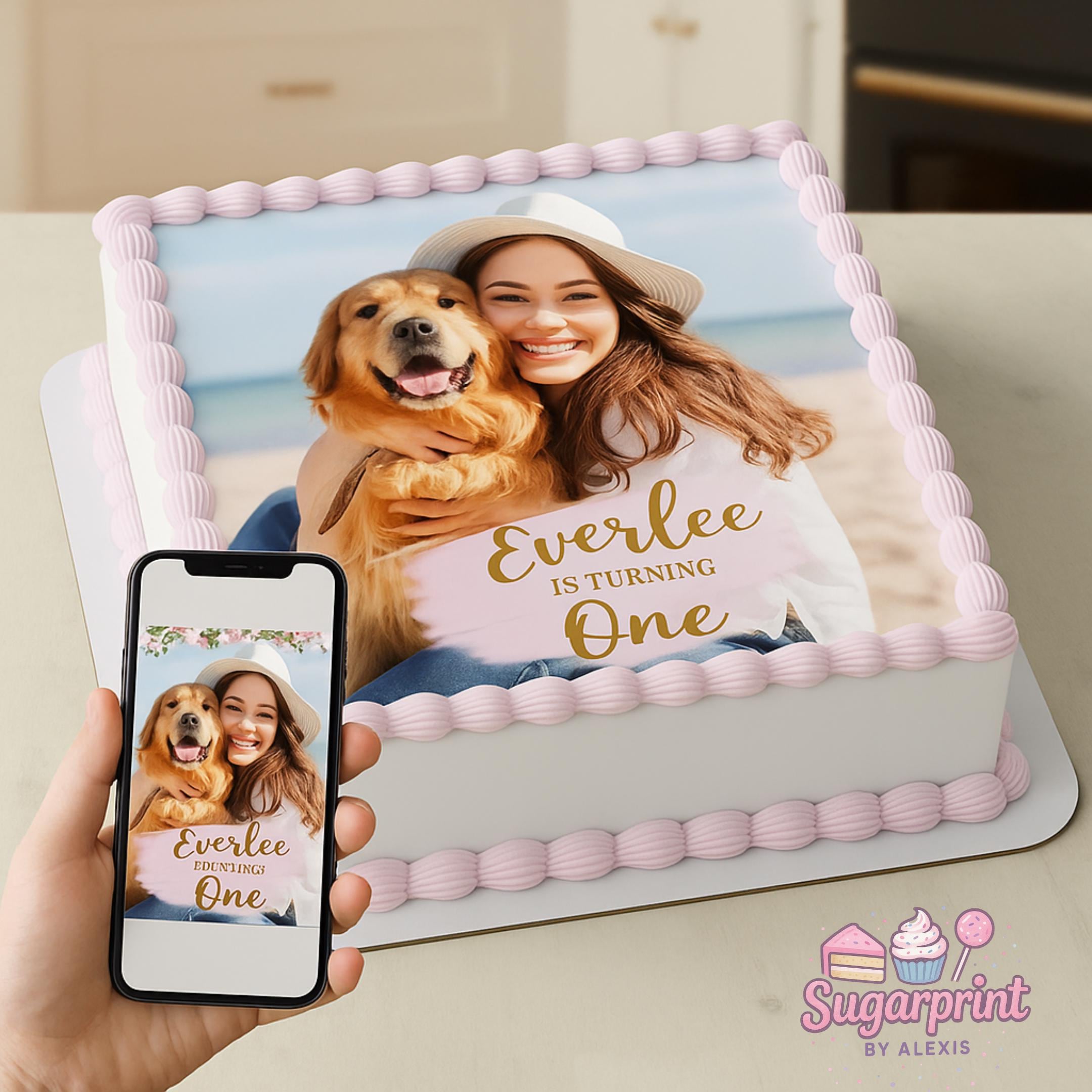 Custom photo edible cake topper printed on frosting sheet, round or square