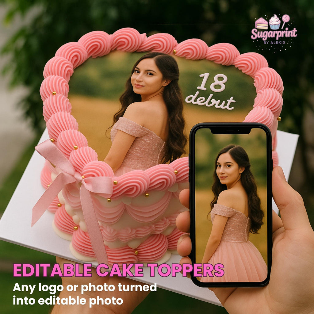 Custom heart photo edible cake topper printed on frosting sheet, ready to place on cake