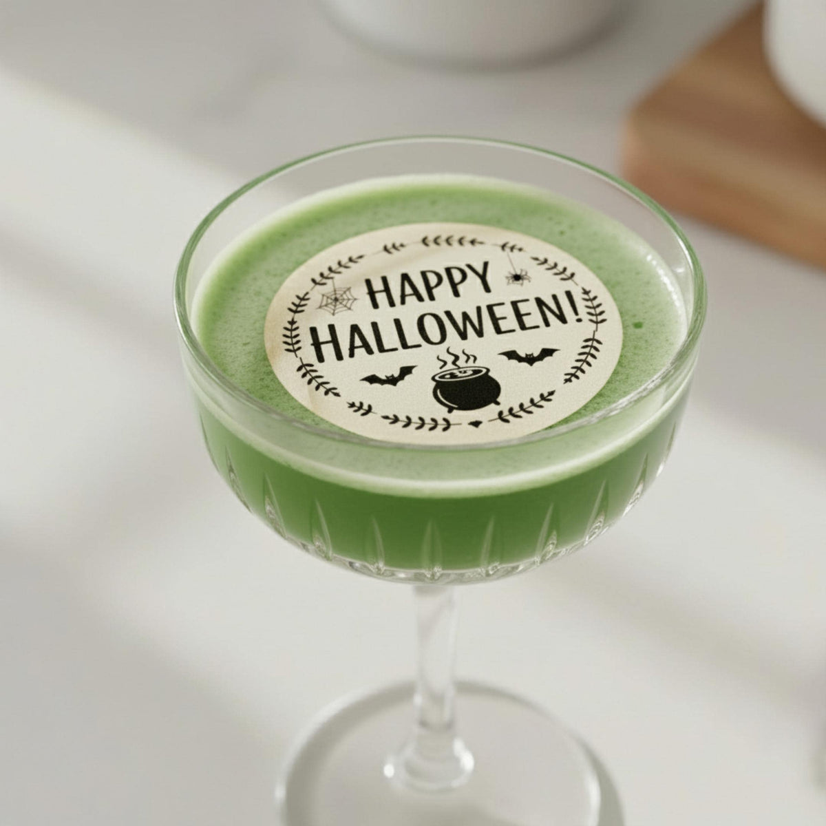 Halloween edible drink toppers by SugarPrints, wafer paper cocktail floating decor, featuring spooky Halloween-themed designs.