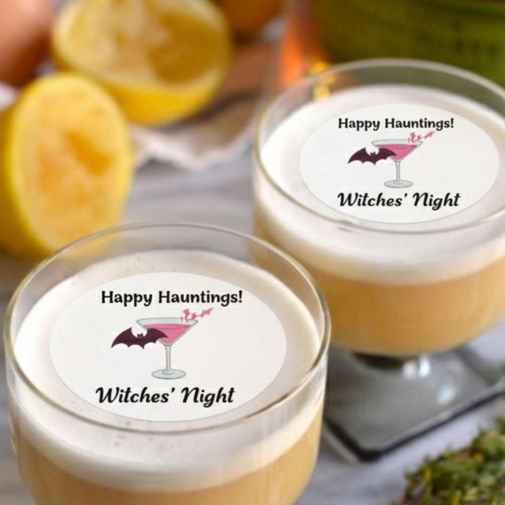 Halloween edible drink toppers by SugarPrints, wafer paper cocktail decor with spooky Halloween-themed floating designs.