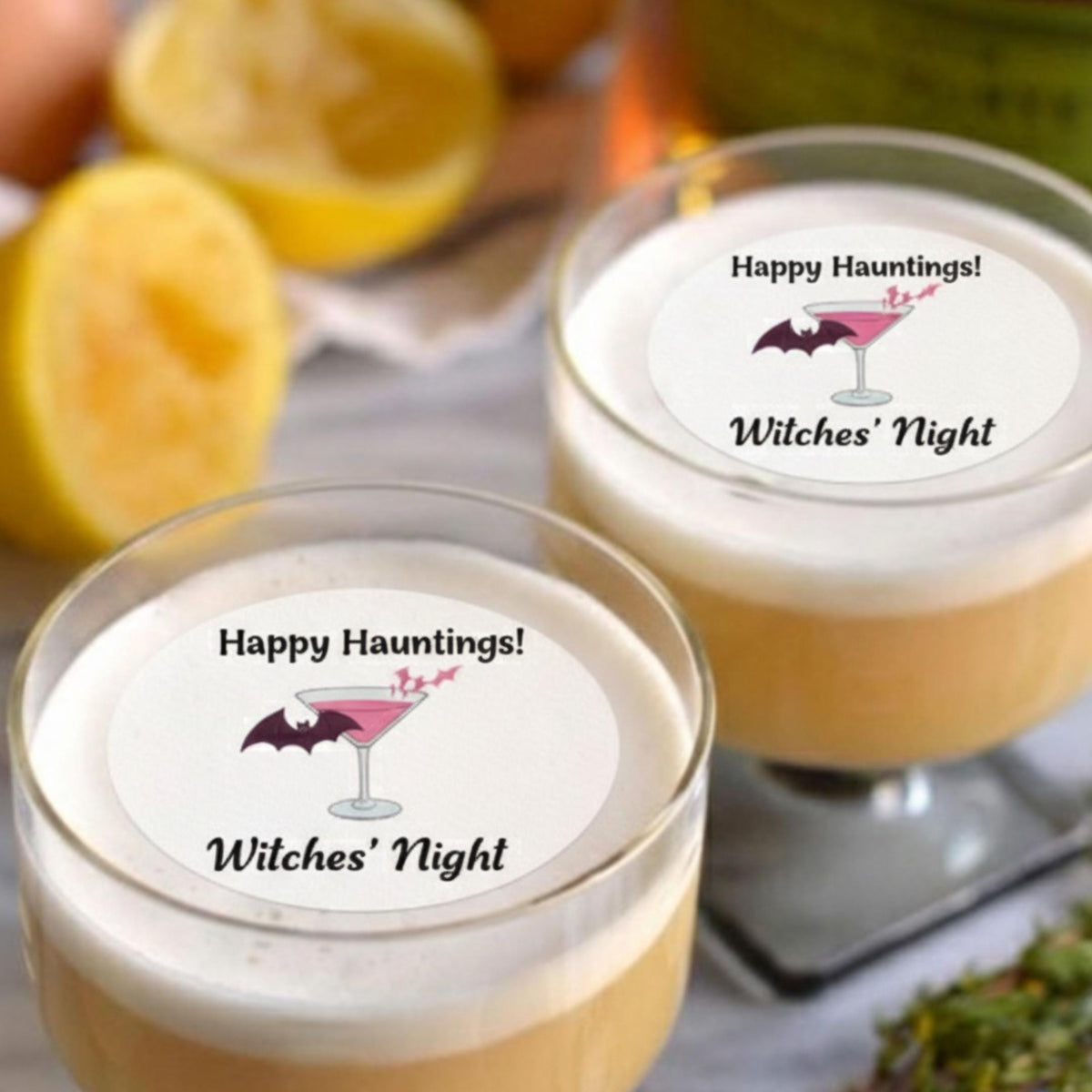 Halloween edible drink toppers by SugarPrints, wafer paper cocktail decor with spooky Halloween-themed floating designs.