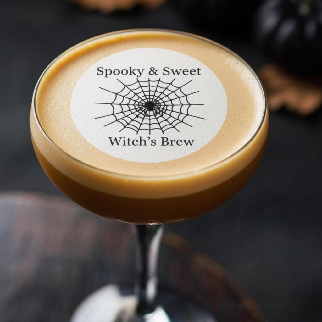 Halloween edible drink toppers by SugarPrints for cocktails, featuring wafer paper floating drink decor with spooky designs.
