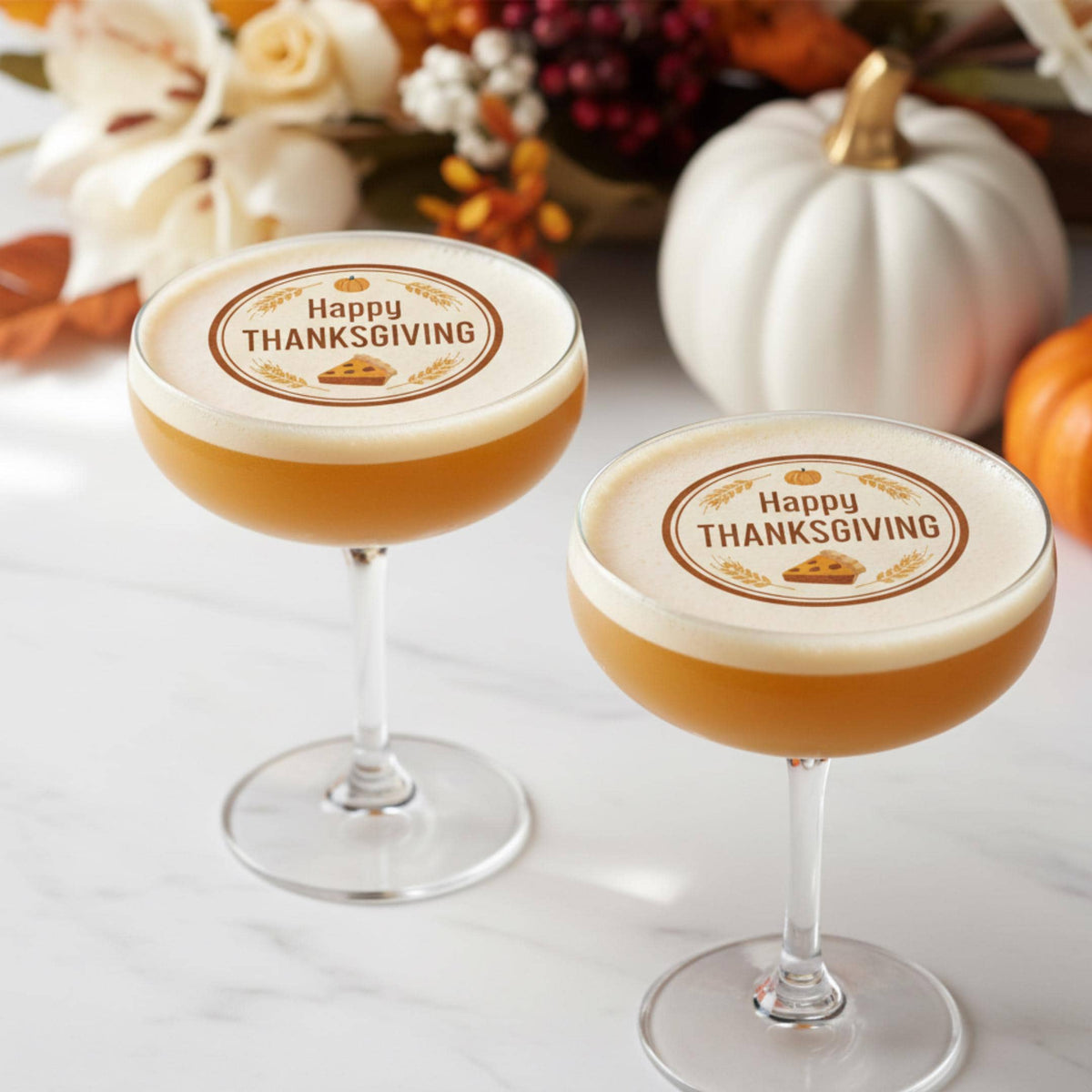 Edible wafer paper drink topper with Thanksgiving and fall designs for cocktails, from SugarPrints by Alexis.
