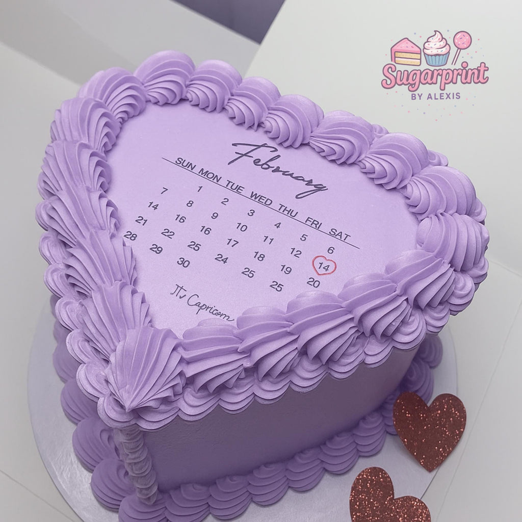 Custom heart calendar edible cake topper with highlighted date, wafer paper or frosting sheet for burn away reveal