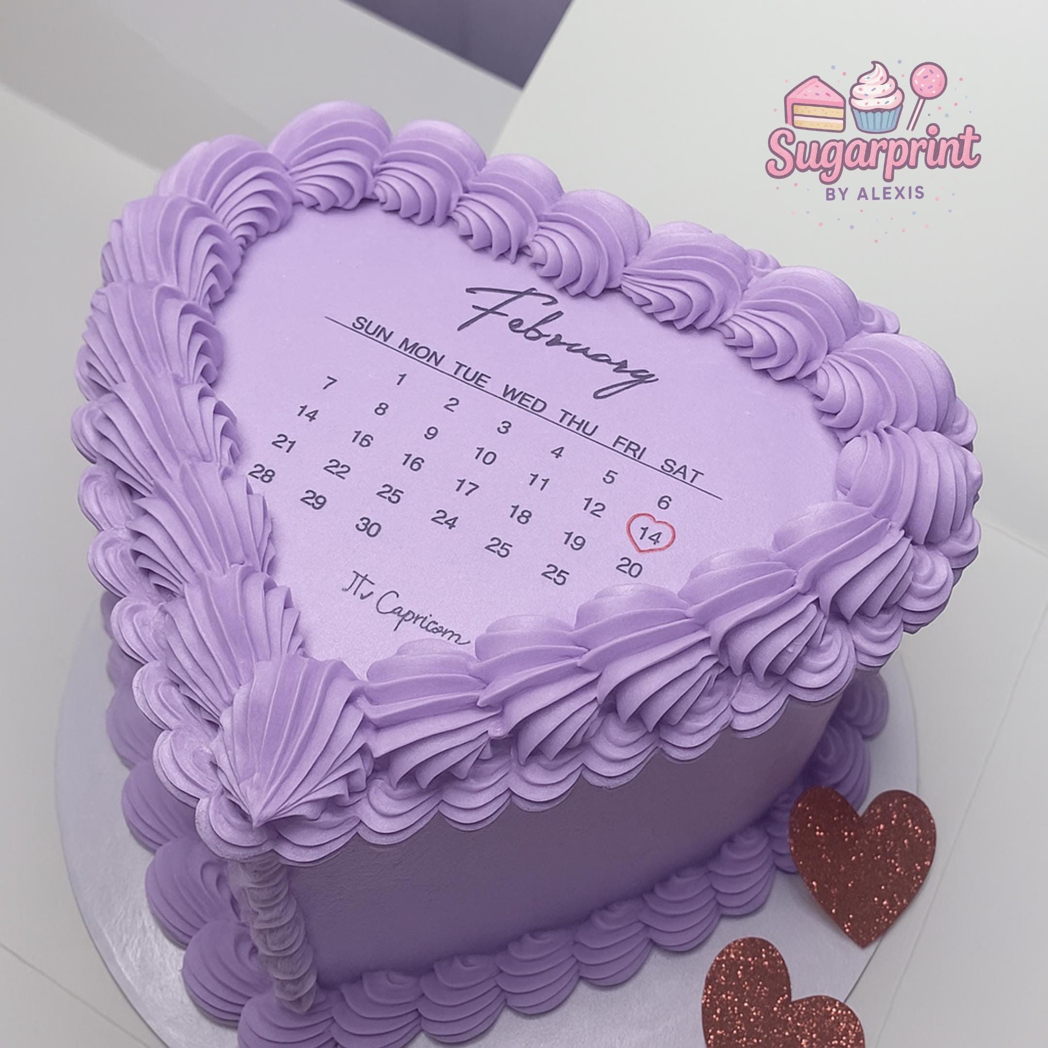 Custom heart calendar edible cake topper with highlighted date, wafer paper or frosting sheet for burn away reveal