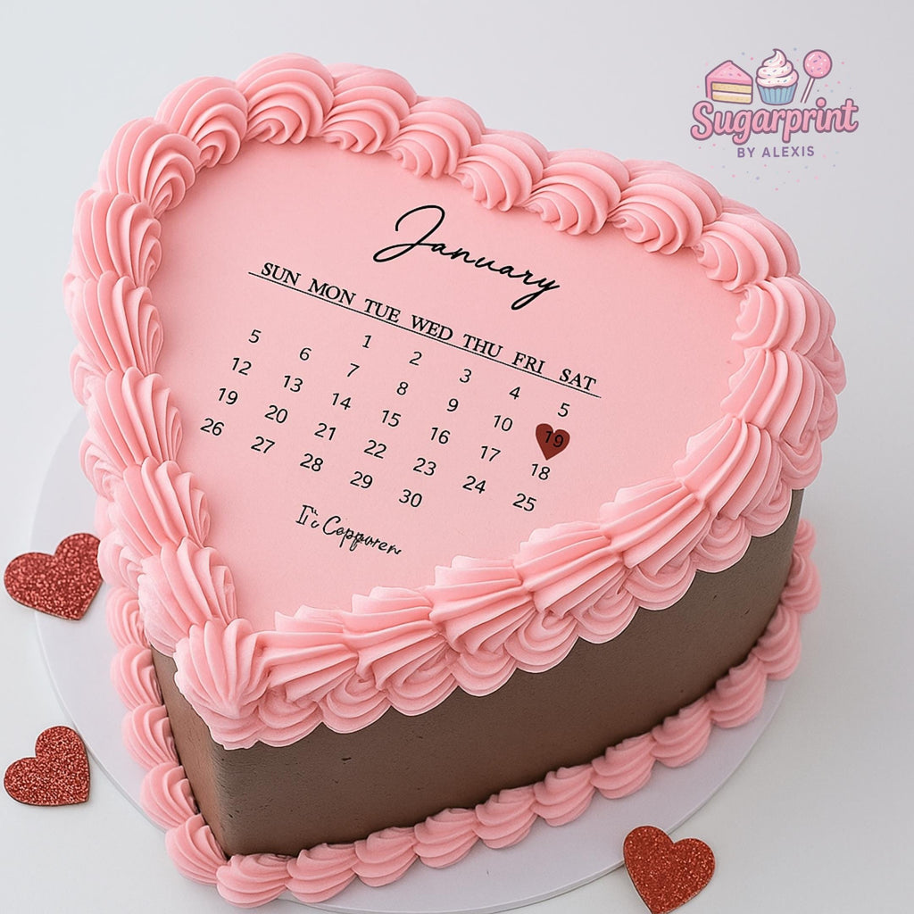 Heart calendar burn away edible cake topper made from wafer paper or frosting sheet, featuring a custom date design for birthdays, weddings, or anniversaries. This personalized cake decoration highlights a special day in a heart-shaped calendar layout, printed with food-safe edible colors. Designed for reveal-style cakes or smooth finishes, it adds a creative and meaningful touch to celebrations, making cakes visually unique and memorable
