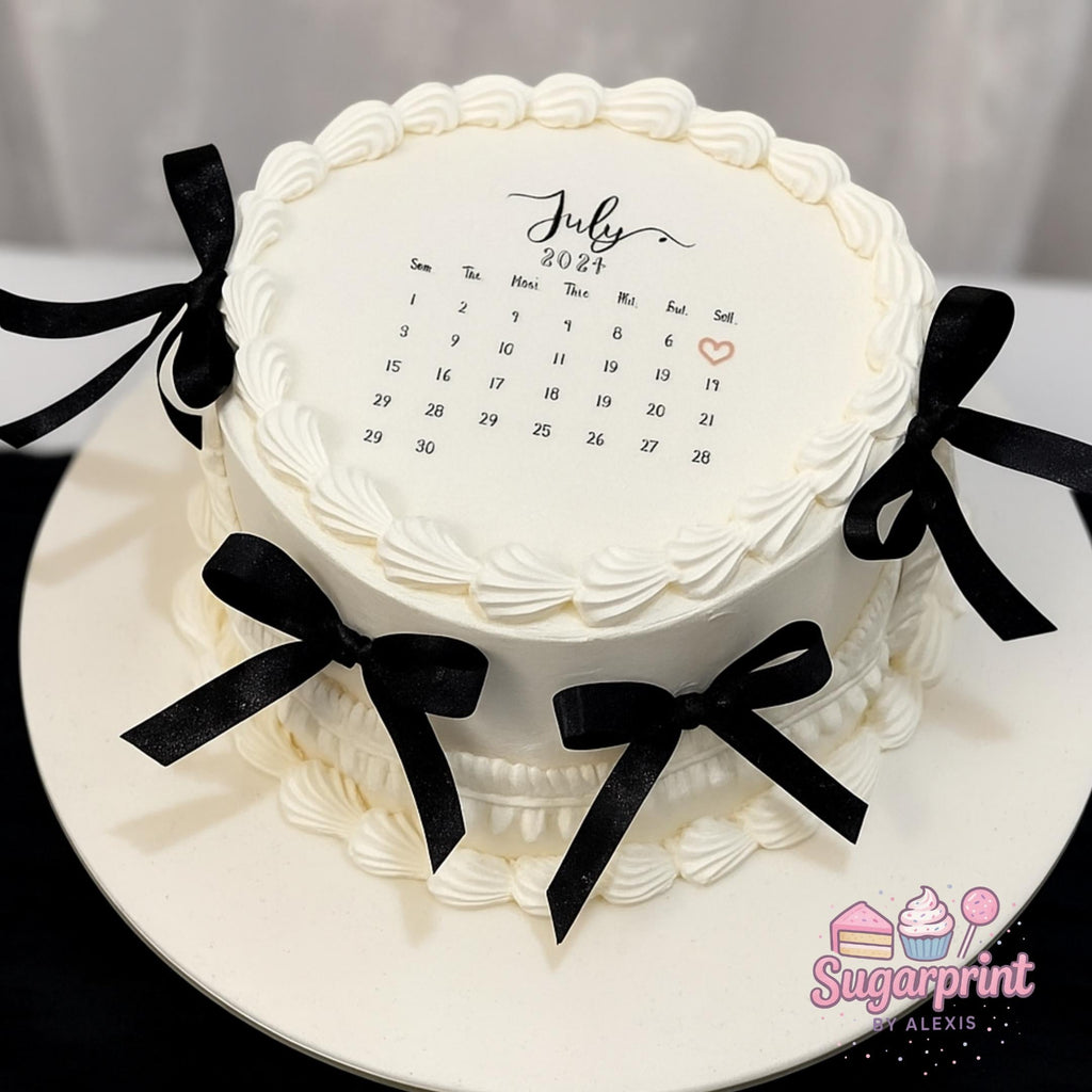 Custom edible calendar cake topper printed on wafer paper or frosting sheet, featuring personalized date highlight for birthday, anniversary, or milestone celebration. Round cake decoration available in burn-away wafer paper or smooth icing sheet style, designed for cakes in multiple sizes. Food-safe edible ink design creating a unique interactive cake centerpiece with vibrant calendar layout for special occasions
