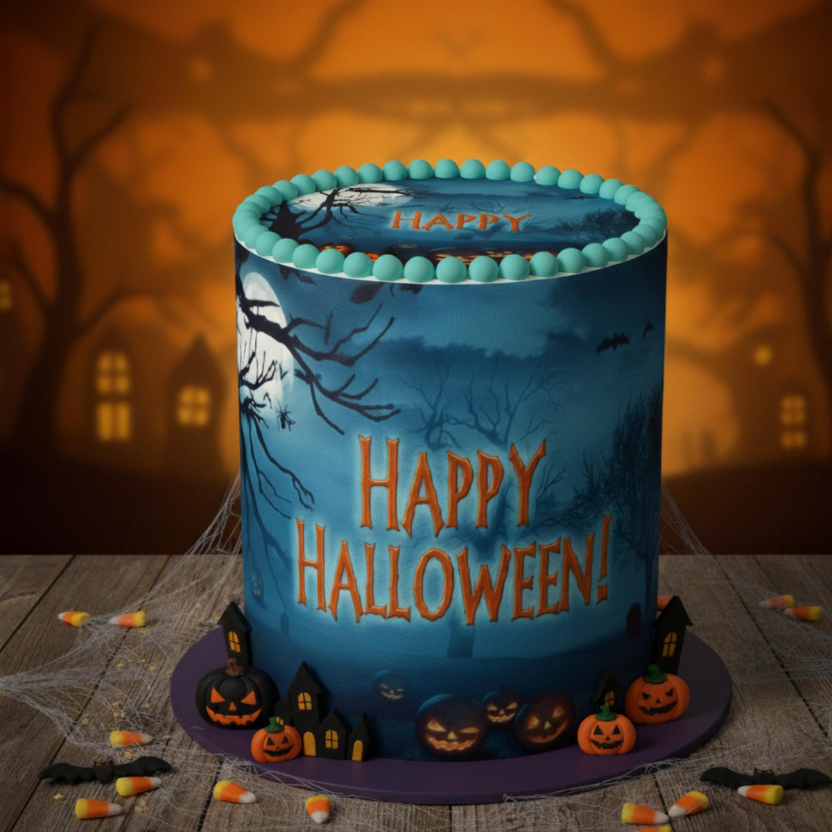 Blue Halloween cake wrap with wafer paper print, 8.5 x 11 inches, by SugarPrints by Alexis, decorative cake accessory