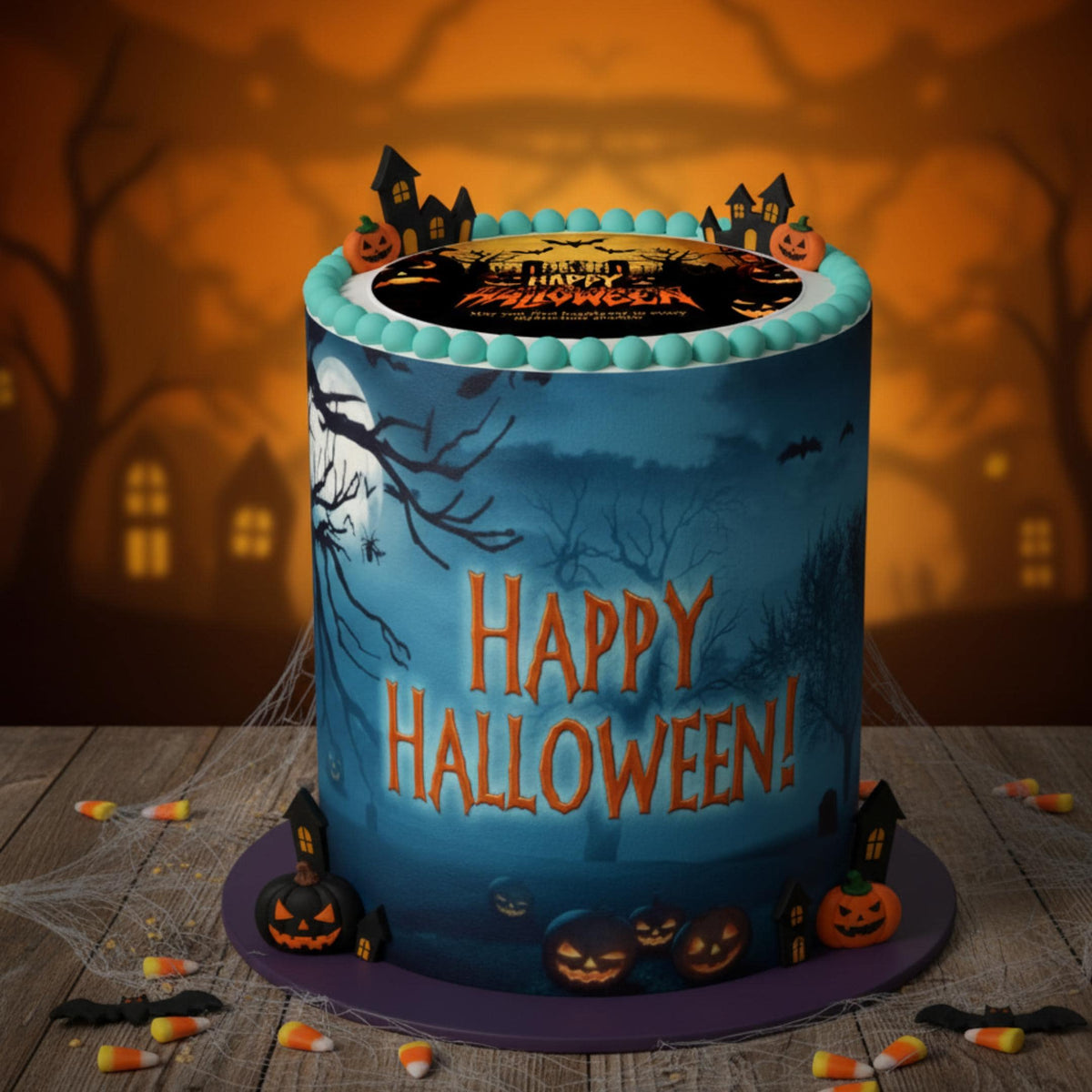 Blue Halloween cake wrap with wafer paper print, 8.5 x 11 inches, designed by SugarPrints by Alexis for festive cake decoration.