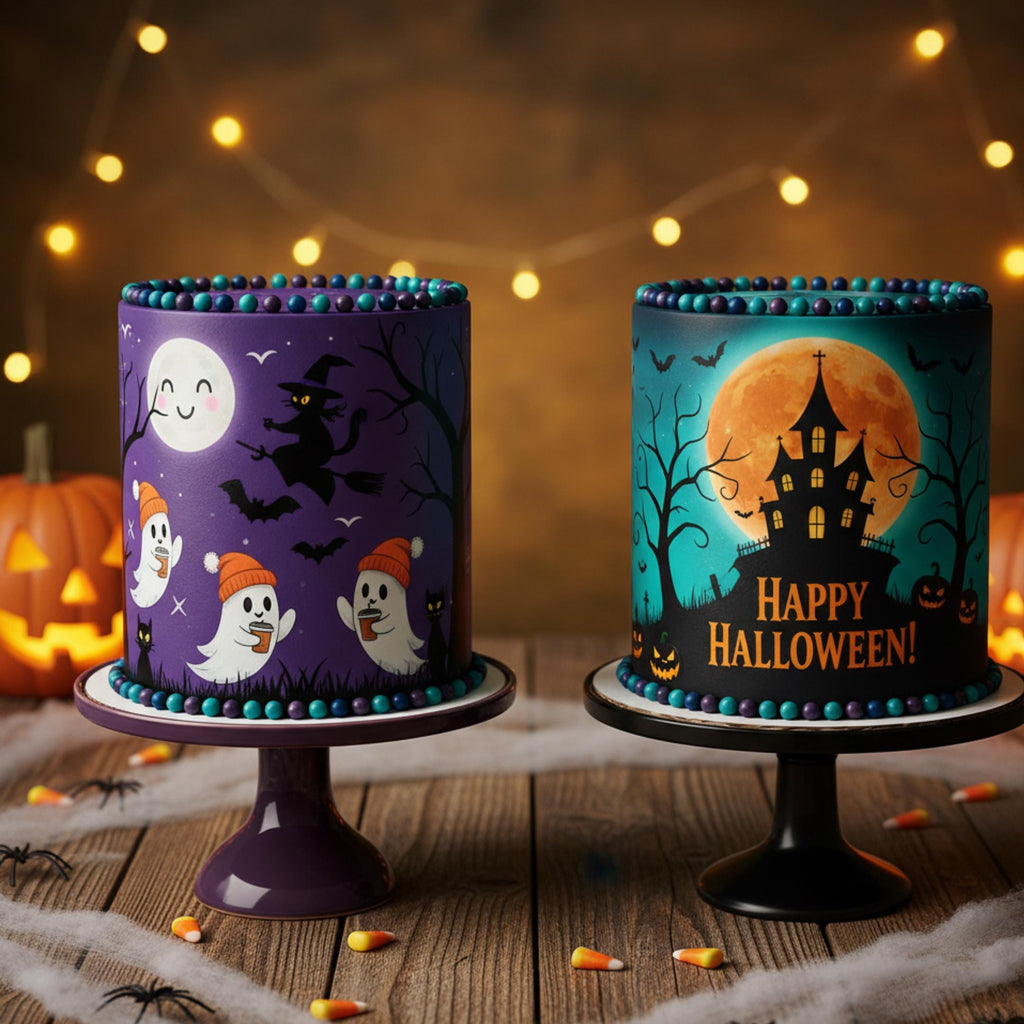 Blue Halloween cake wrap with wafer paper print, 8.5 x 11 inches, by SugarPrints by Alexis, featuring festive spooky design.