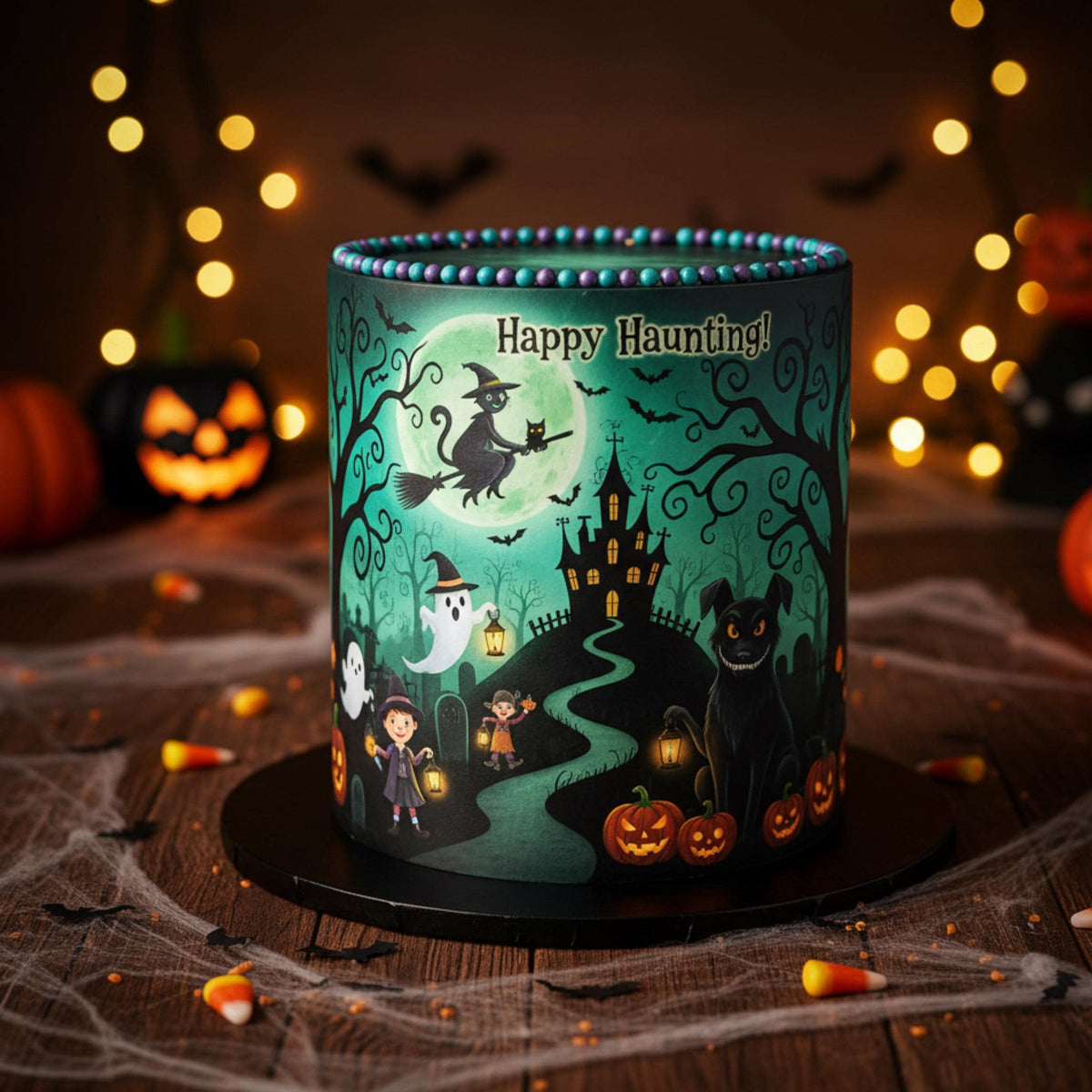 Blue Halloween cake wrap with wafer paper print, 8.5 x 11 inches, by SugarPrints by Alexis, showcasing festive Halloween design.