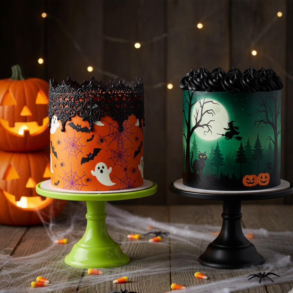 Blue Halloween cake wrap with wafer paper print, 8.5 x 11 inches, SugarPrints by Alexis decorative cake accessory