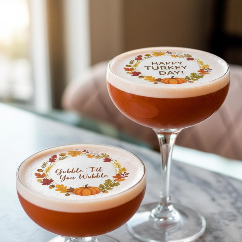 Edible wafer paper Thanksgiving drink toppers by SugarPrints, featuring fall-themed cocktail decorations for Friendsgiving and fall parties.