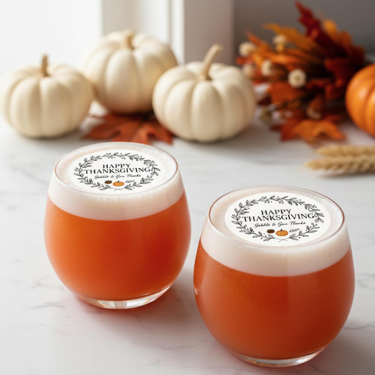 Edible wafer paper drink topper featuring fall and Friendsgiving designs from SugarPrints by Alexis, perfect for Thanksgiving cocktails.