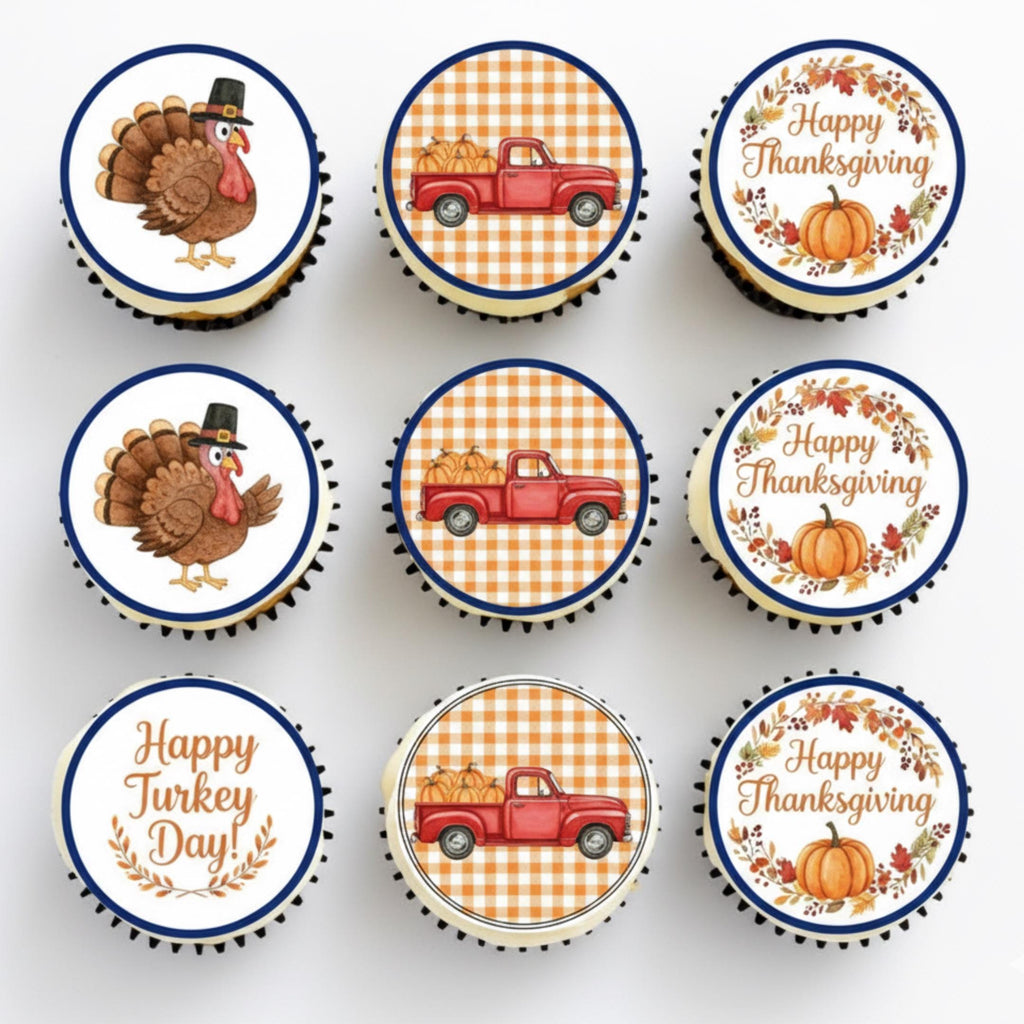 Edible Thanksgiving cupcake toppers featuring pumpkins, turkeys, leaves, and fall decorations by SugarPrints by Alexis.