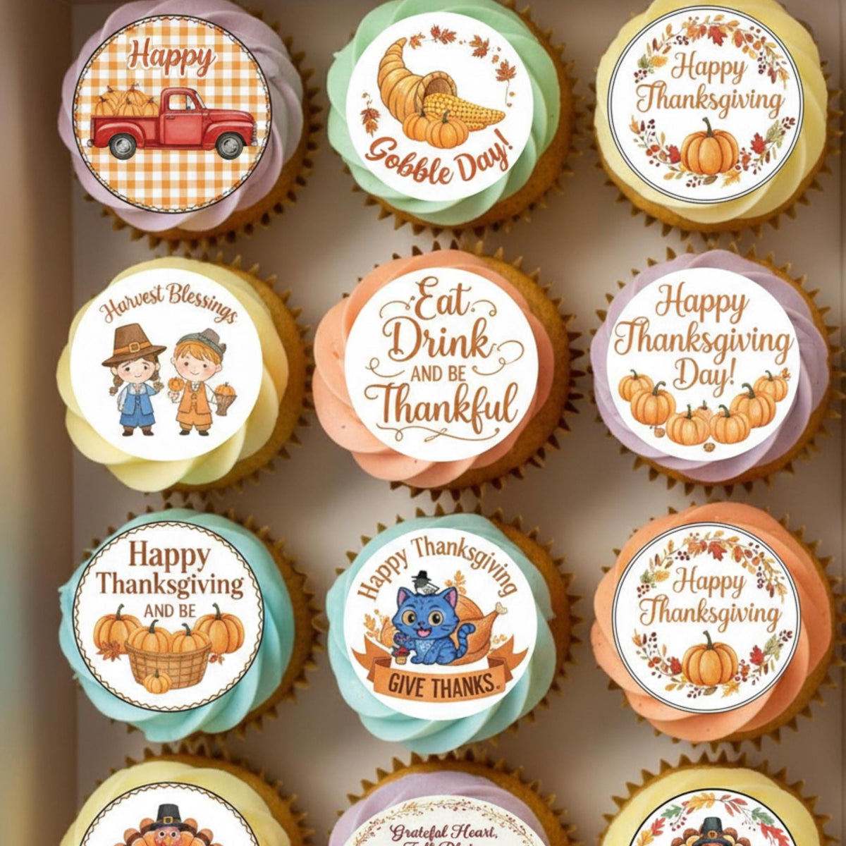 Edible Thanksgiving cupcake toppers featuring pumpkins, turkeys, and fall leaves on a white background for seasonal dessert decoration.