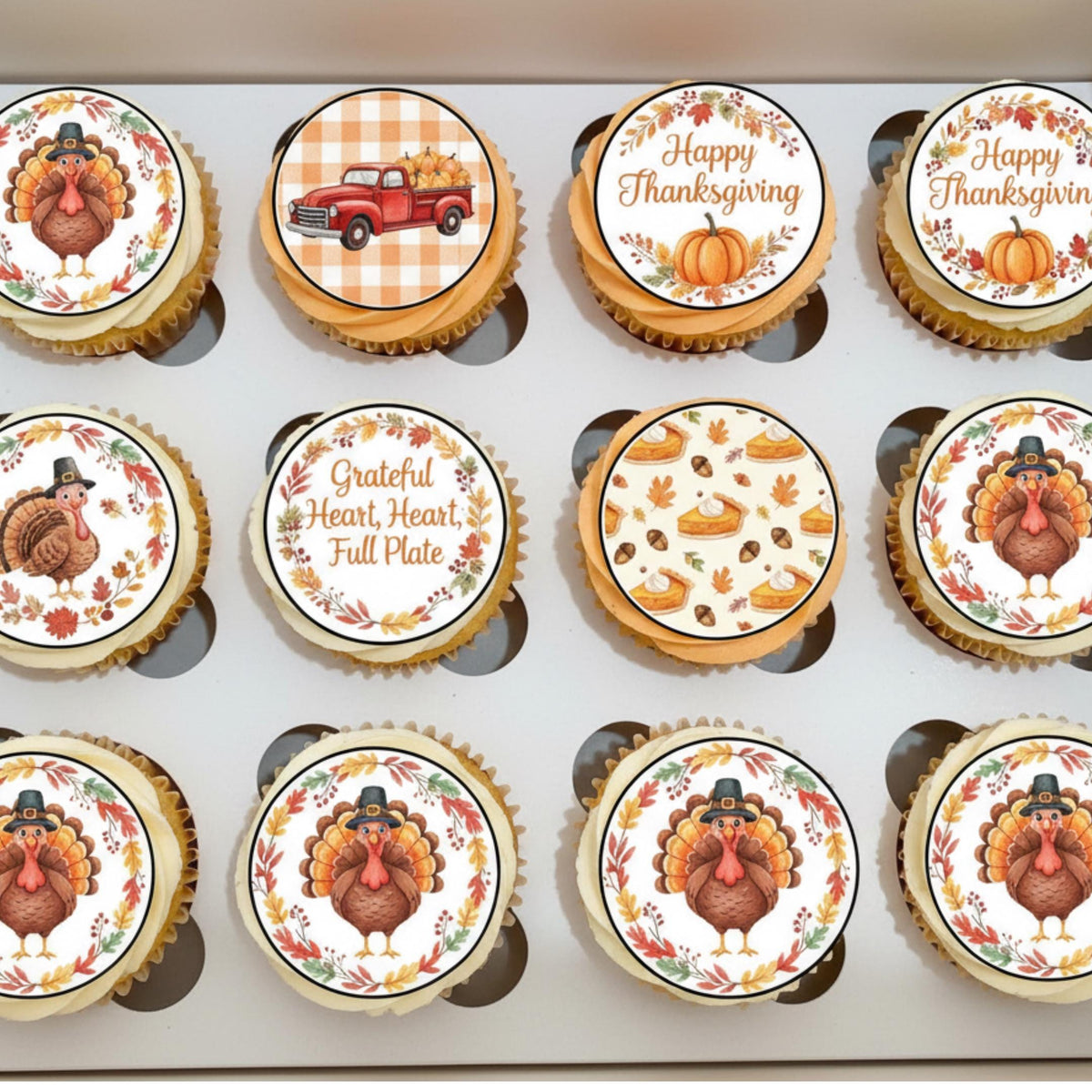 Edible Thanksgiving cupcake toppers featuring pumpkins, turkeys, and fall leaves by SugarPrints for festive treats.