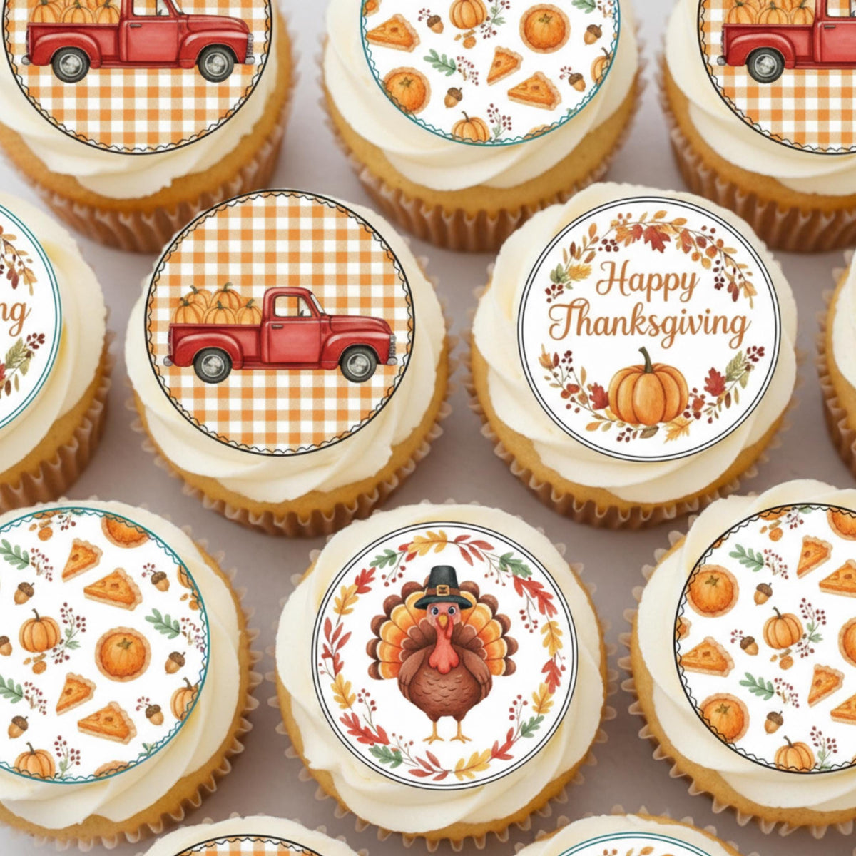 Edible Thanksgiving cupcake toppers with pumpkins, turkeys, leaves, and fall decorations by SugarPrints for festive treats.